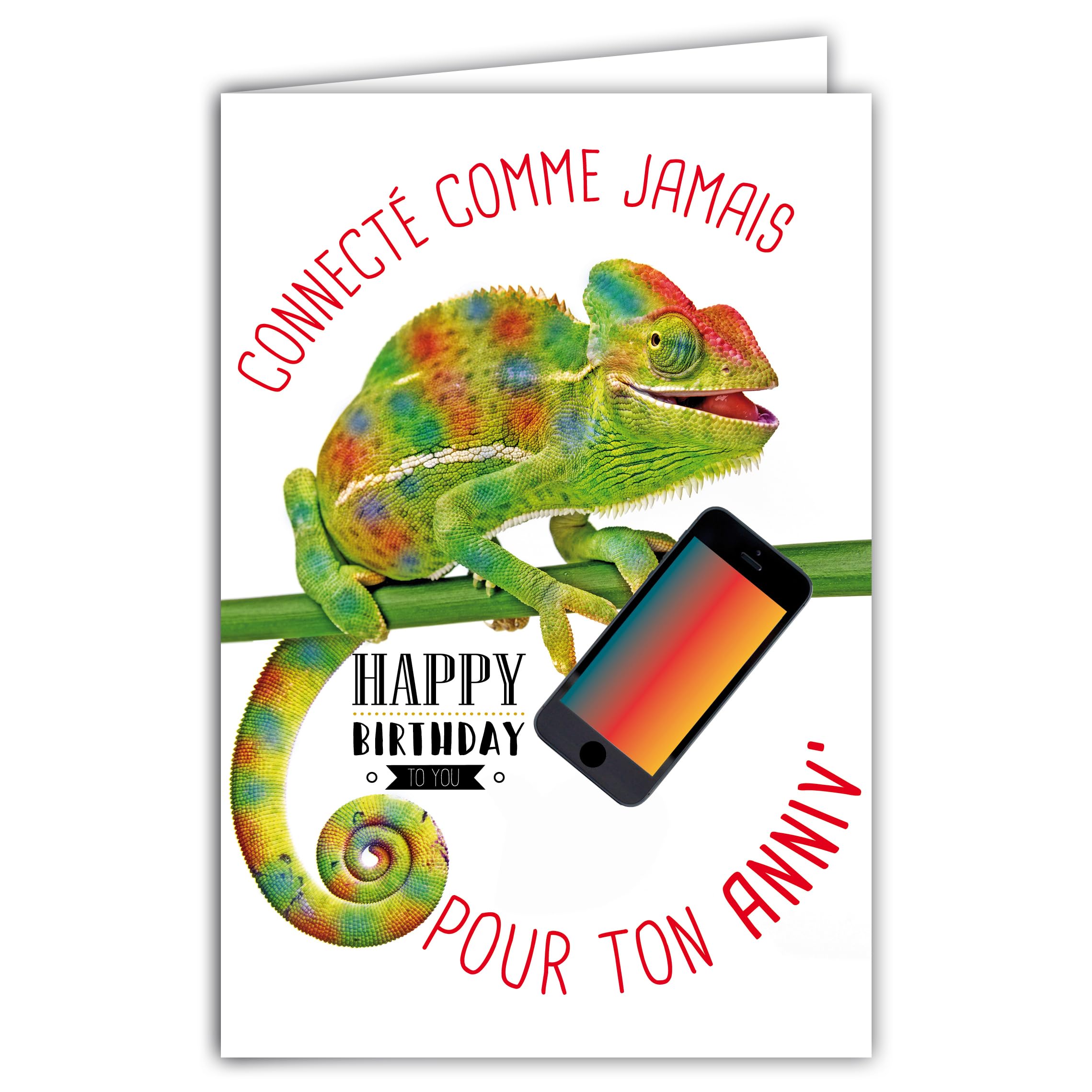 AFIE Humorous Happy Birthday Card with Illustrated Envelope 17.5 x 12 cm Chameleon Funny Smiling with a Connected Smartphone Design Made in France 69-6213
