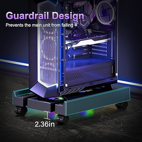 Miniatura 7 de Soporte de torre ajustable para computadora con ventilador enfriador y luz, soporte de PC para piso, soporte de CPU móvil con 4 ruedas giratorias
