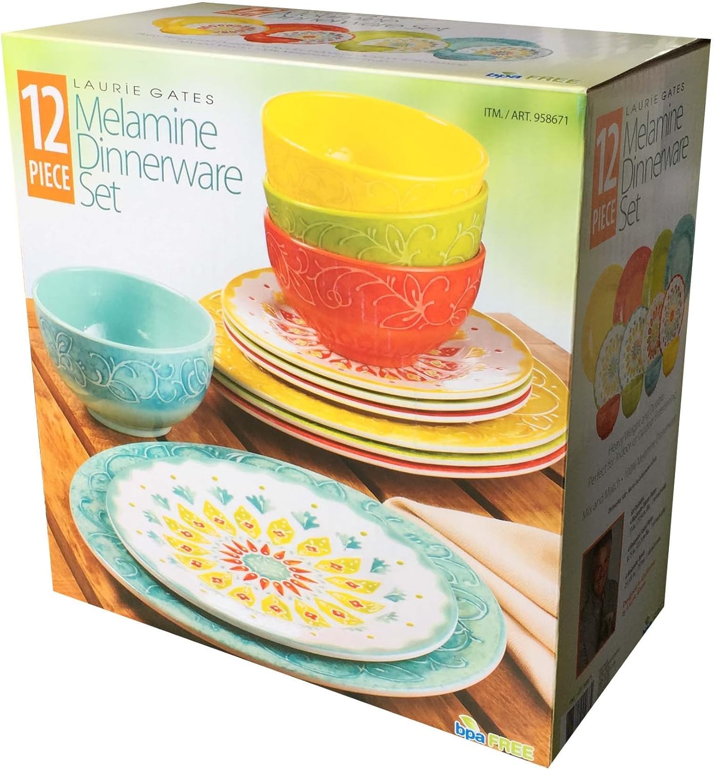 Laurie Gates - 12 Piece Melamine Dinnerware Set (Yellow & Orange & Green & Blue)