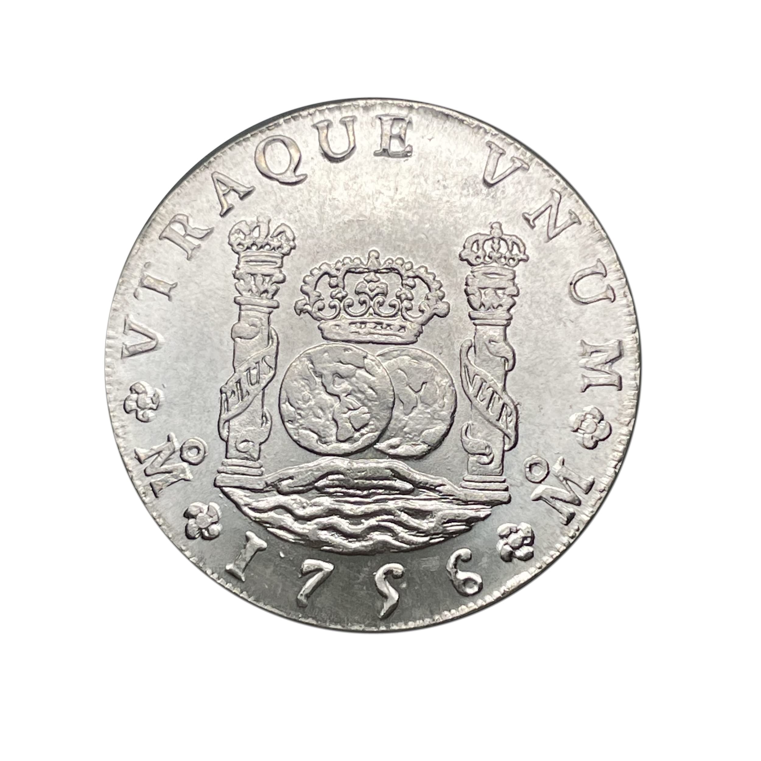 Réplica de moneda histórica: México 8 Reales Fernando VI 1756 MM. Fabricado en latón y chapado en plata.