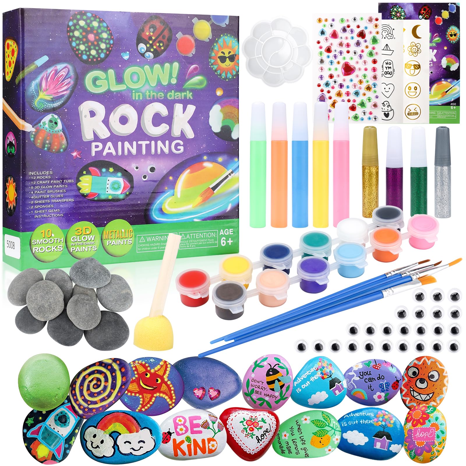 Rock Painting Kit, Glow in The Dark Pouring Rock Kit for Children Aged 5, 6, 7, 8, 9, 10 Years and Up, Creative Stone Painting, 10 Craft Stone Painting Set, 6 Colors, Gift for Girls 6-12 Years