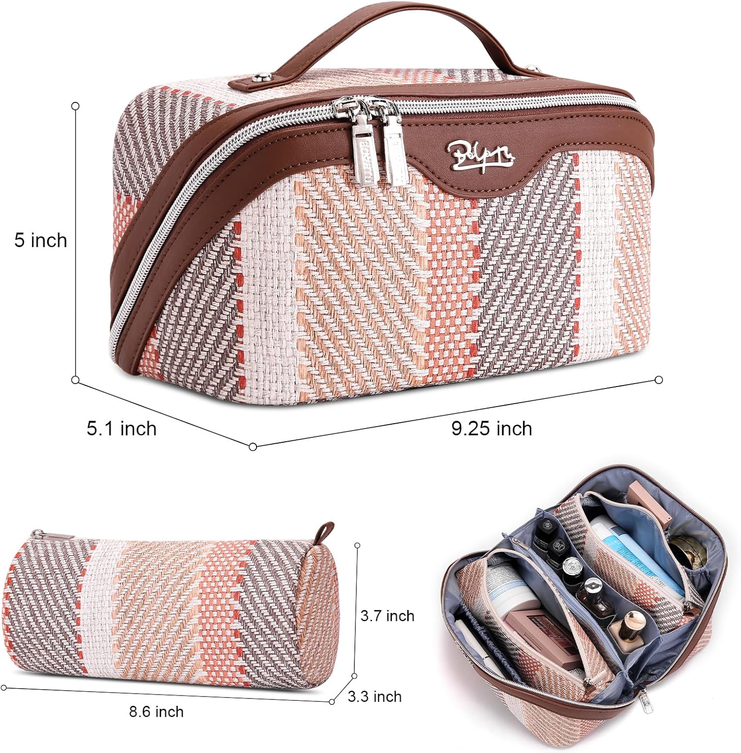 BOYATU Travel Makeup Bag Cosmetic Bag for Women: 3 Pcs Set Make up Bag with Compartments - Waterproof Vegan Leather Toiletry Bags with Handle - Makeup Organizer for Travel Essentials(C-5-Coffee)