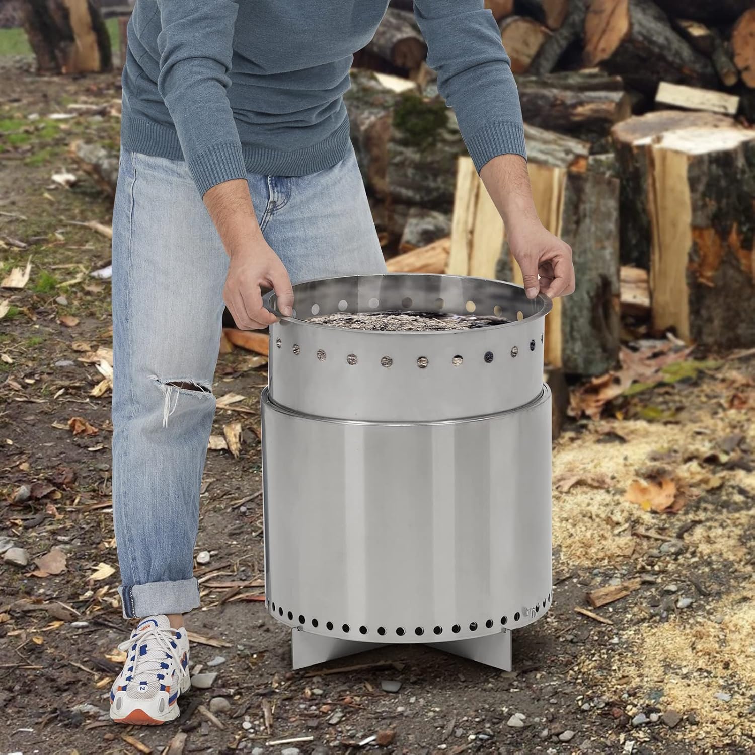 Smokeless Fire Pit with Air Switch16.5, Wood Burning Portable Stainless Steel Outdoor Firepit with Removable Stand and Ash Pan, Ideal for Camping for Backyard Patio and Picnic, H: 11.5 in, 13.22 lbs