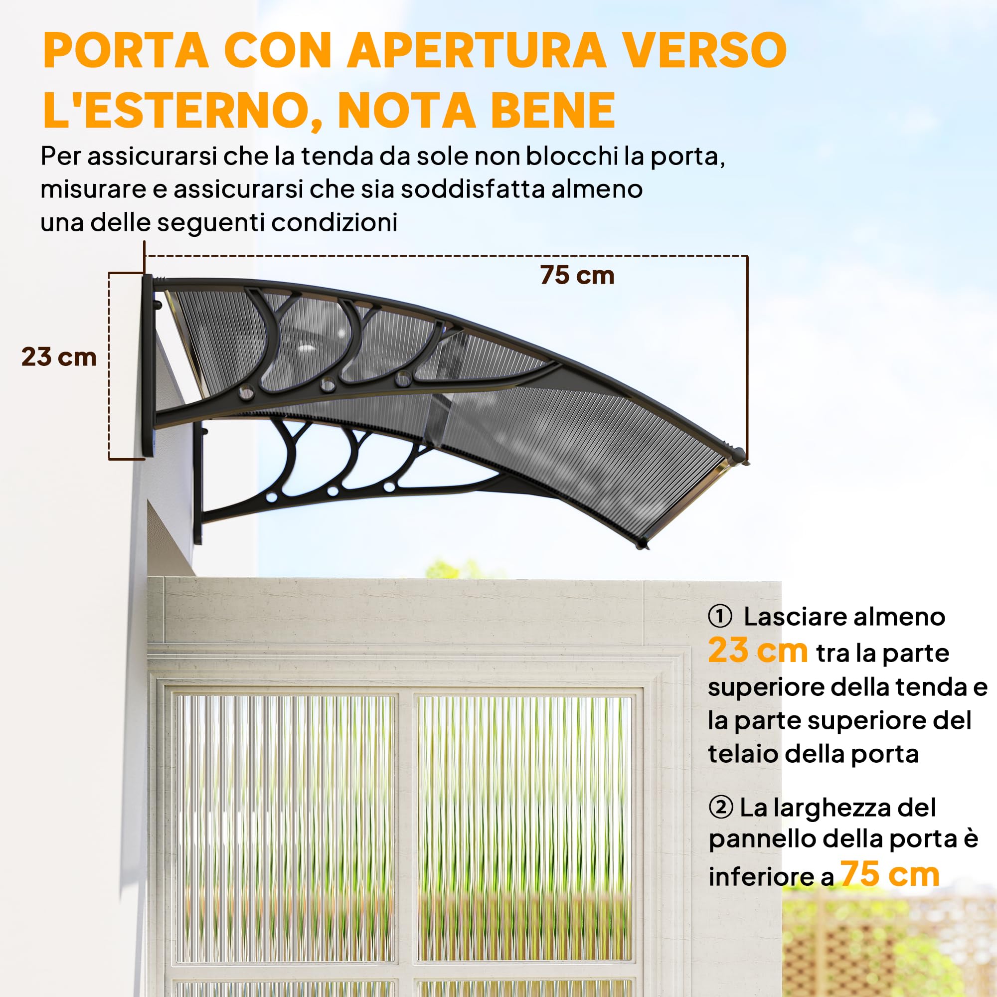 Outsunny Pensilina Tettoia da Esterno 100x75cm in Policarbonato per Balcone Porte e Finestre Resistente ai Raggi UV, Nero