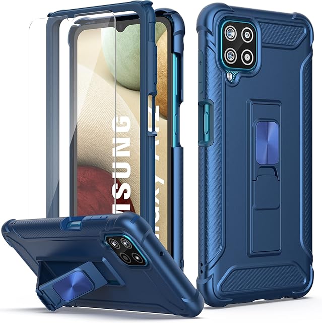 ORETech for Samsung Galaxy A12 Case with Kickstand,[2 x Tempered Glass Screen Protector] Full Body Anti Silp Heavy Duty Shockproof Hard PC Soft TPU Bumper Protection Cover for Samsung M12 - Blue
