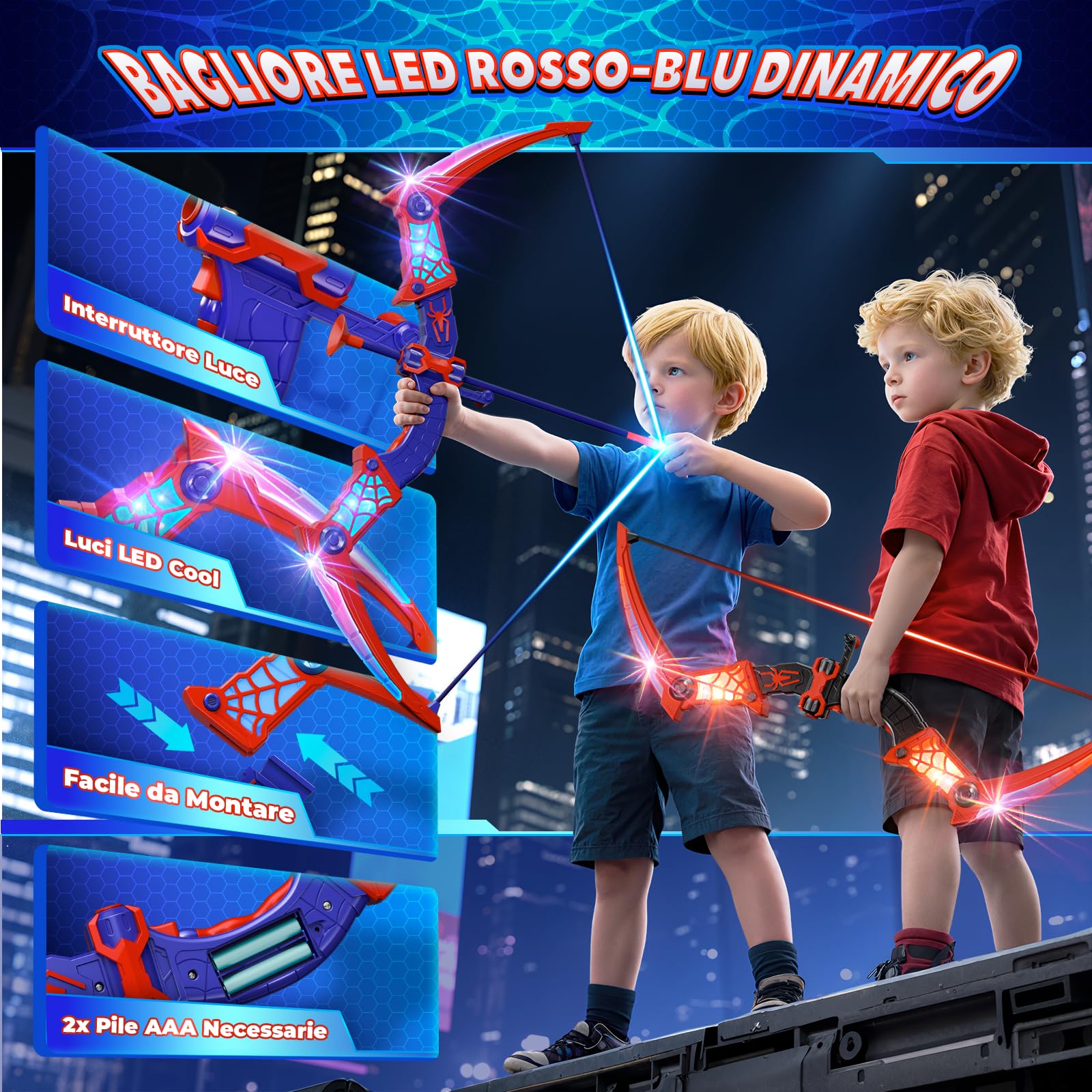 Giocattoli per 3-12 Anni Bambino, 2 Arco e Freccia Ragno con Luci LED Rosse e Blu, Bersaglio a Forma, 2 Ragno Faretre, Gioco Bambino 3-9, Giochi Bambini Regalo Bambino 3 4 5 6 7 8 9 10 Anni Maschio