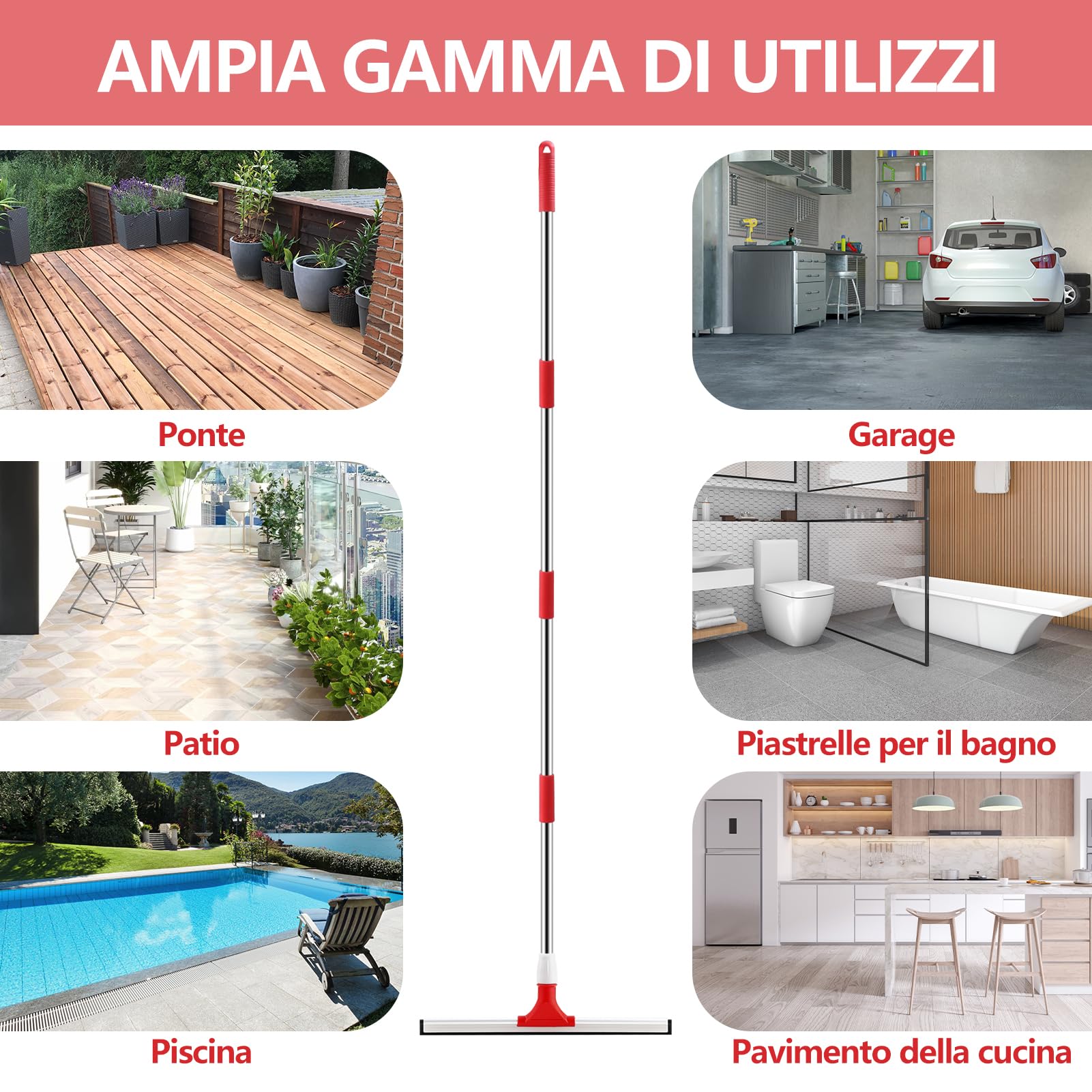 Mitclear 43cm Tergipavimento Pavimenti con Manico di Prolunga(147cm), Tergipavimenti in gomma per impieghi gravosi, Tergipavimento Spingiacqua con Spazzola per Garage, Doccia, Bagno, Patio, Giardino