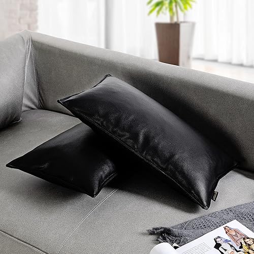 Miniatura 6 de Juego de 2 fundas de cojín lumbares de piel sintética gruesa, resistente, suave, impermeable, a prueba de polvo, para jardín, sofá y patio, 12 x 20