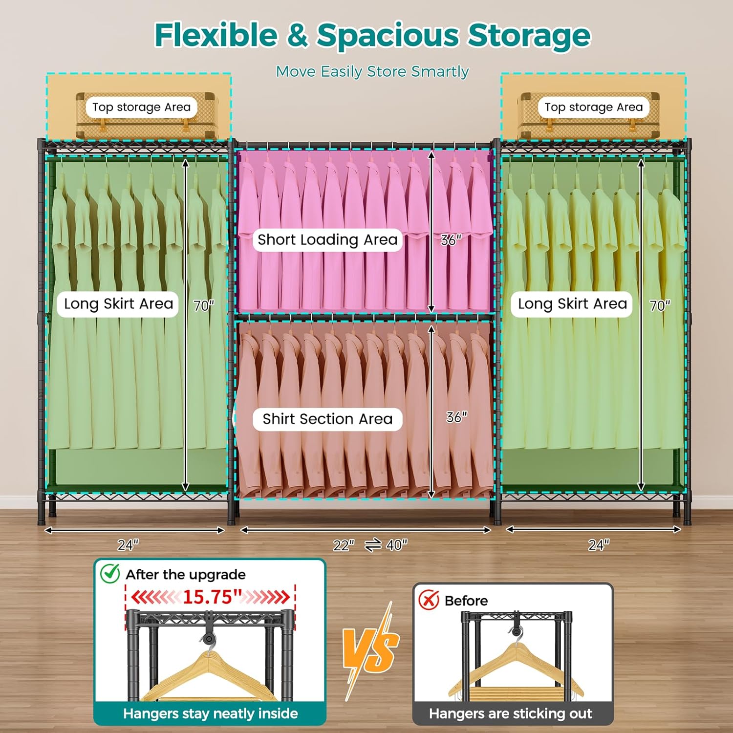 SINGAYE Clothes Rack Portable Closet Coat Wardrobe Heavy Duty Clothing Racks System Organizers and Storage for Hanging Clothes Garment Rack Adjustable with Shelves 15.8" D*(77-88) W*76.5" H Black