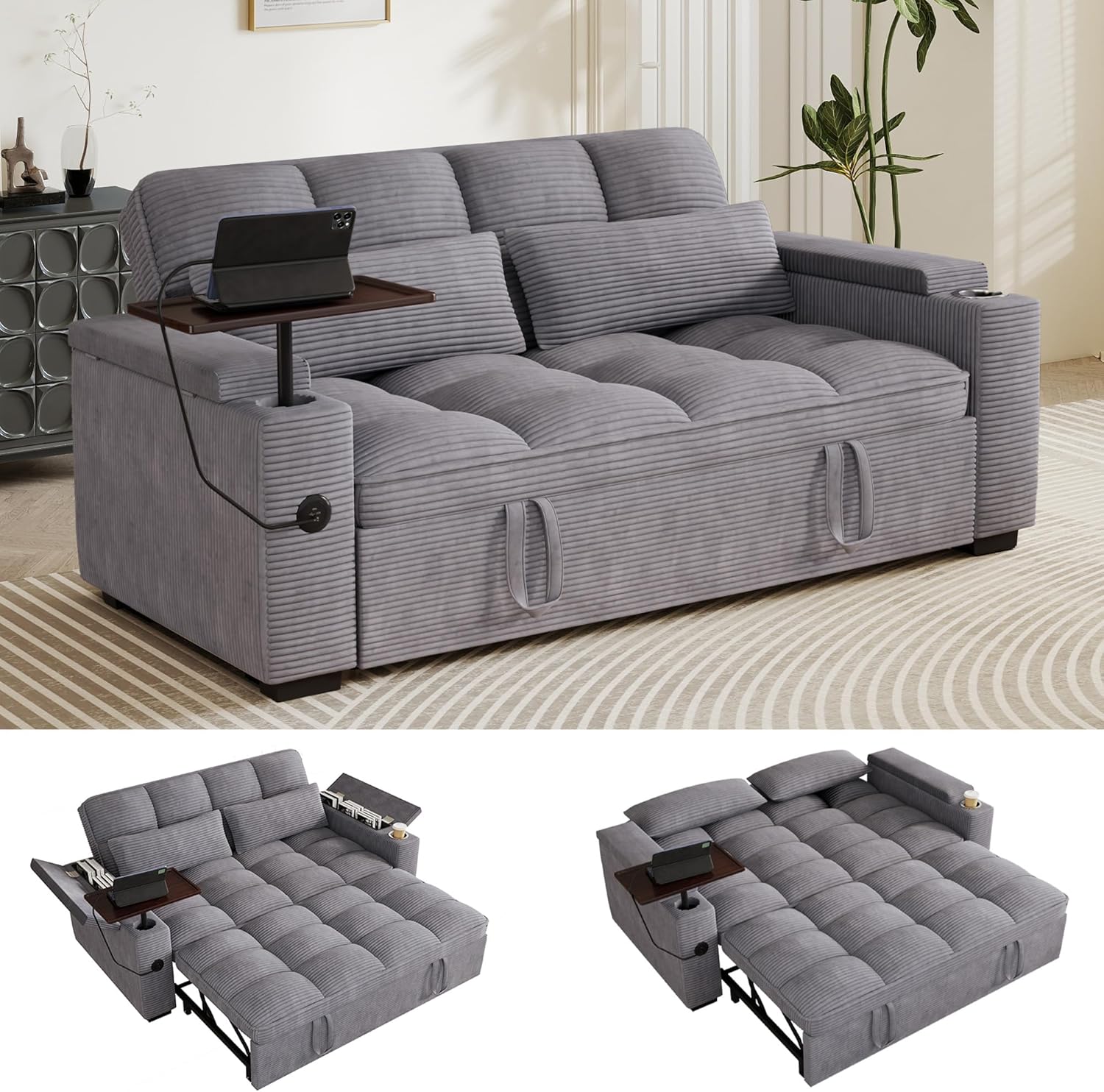 65'' Sleeper Sofa with Pull Out Bed, 3 in 1 Convertible Loveseat Sofa with Cup Holder and Storage Armrests, Corduroy Couch with Rotatable Table and USB Ports for Apartment Living Room Office, Purple