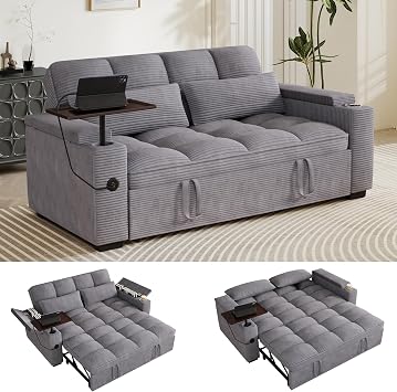 65 Sleeper Sofa with Pull Out Bed, 3 in 1 Convertible Loveseat Sofa with Cup Holder and Storage Armrests, Corduroy Couch with Rotatable Table and USB Ports for Apartment Living Room Office, Purple