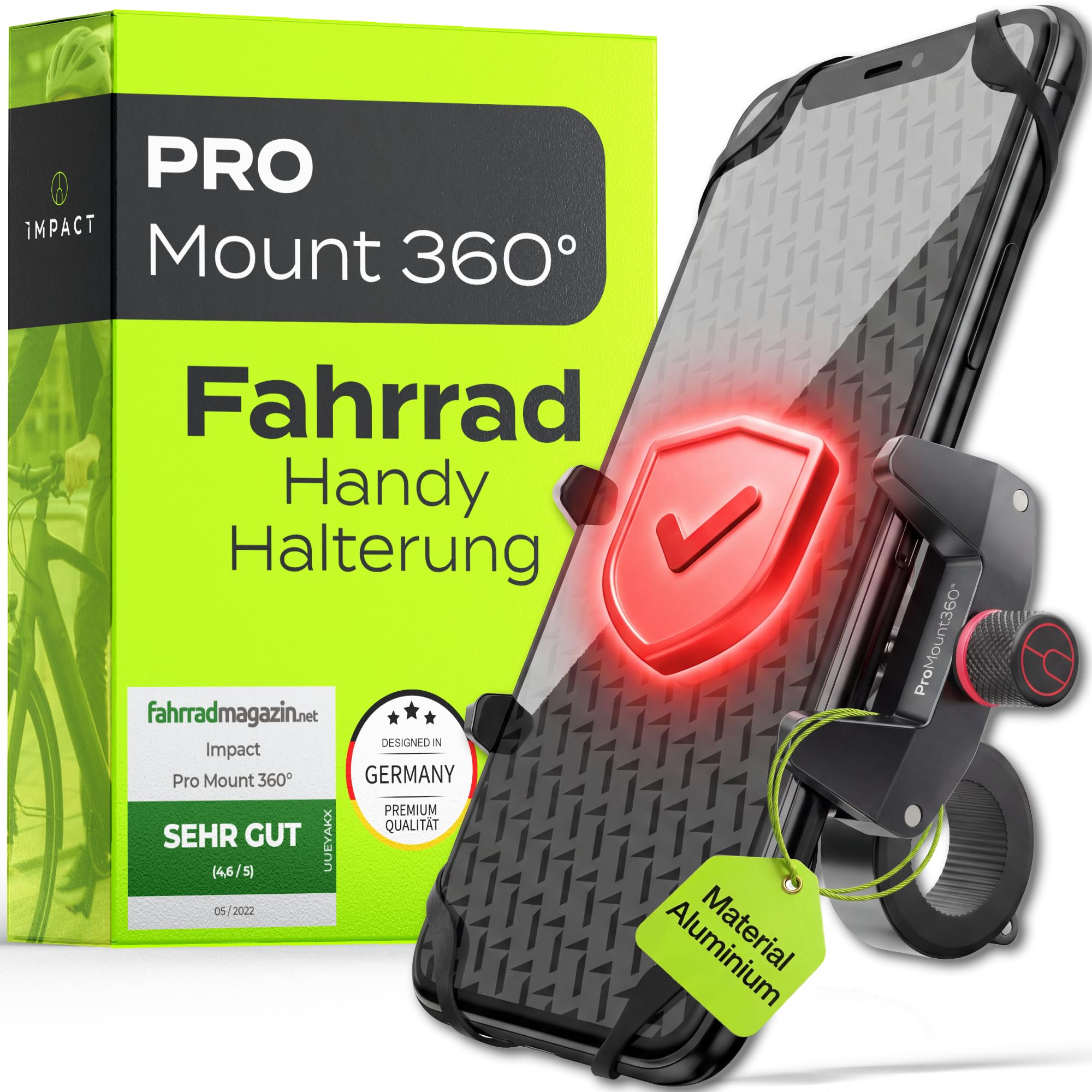 Impact® Pro Mount 360° - Handyhalterung Fahrrad [Smartphone KOMPATIBEL 4-7 Zoll] - Handyhalter Fahrrad - Handyhalterung für Fahrrad Lenker mit Kugelgelenk & Sicherheitsgummi - iPhone 14 15 Pro Max