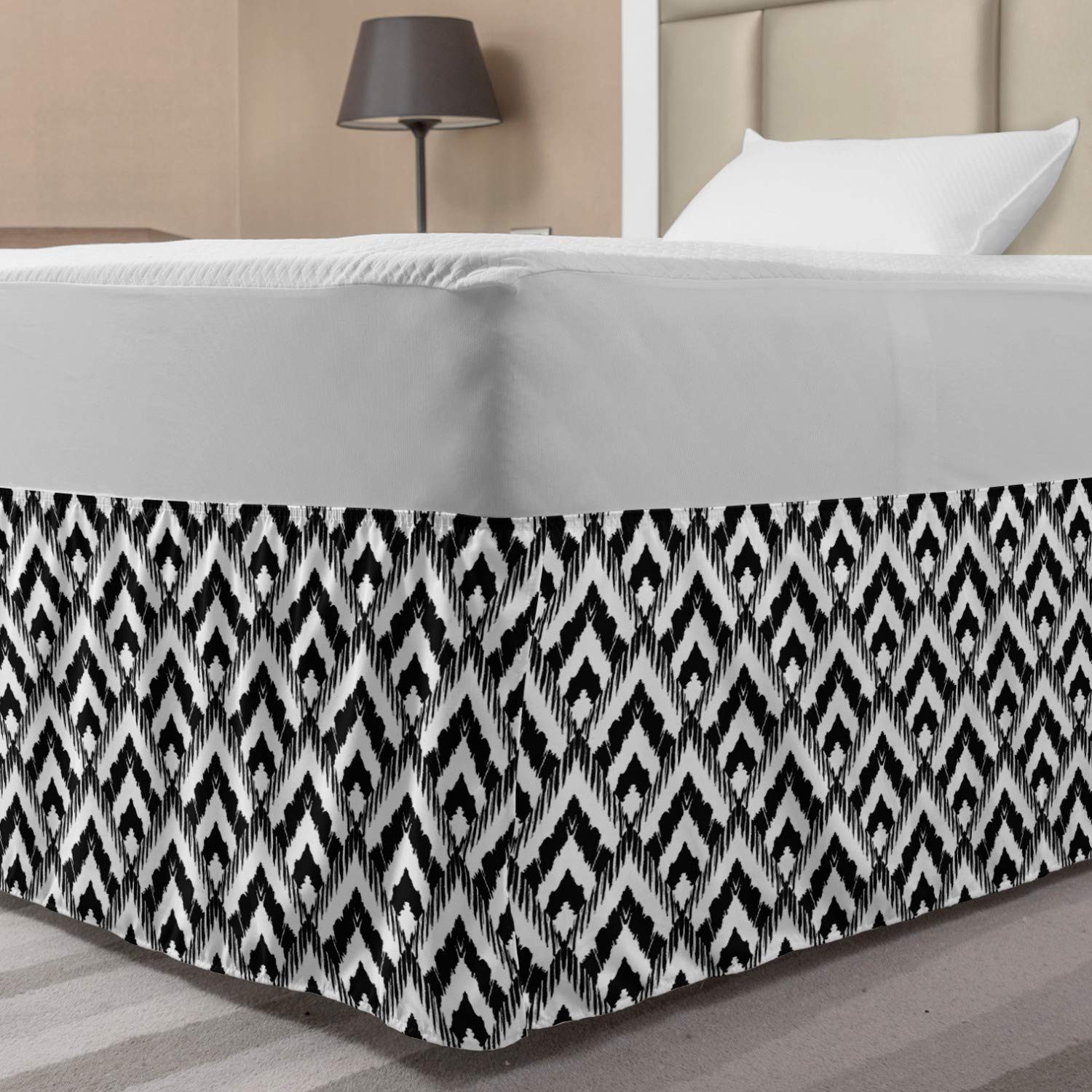 Ambesonne Black and White Elastic Bed Skirt Hand Drawn Herringbone Lines Pattern Monochrome Geometric Arrangement Wrap Around Fabric