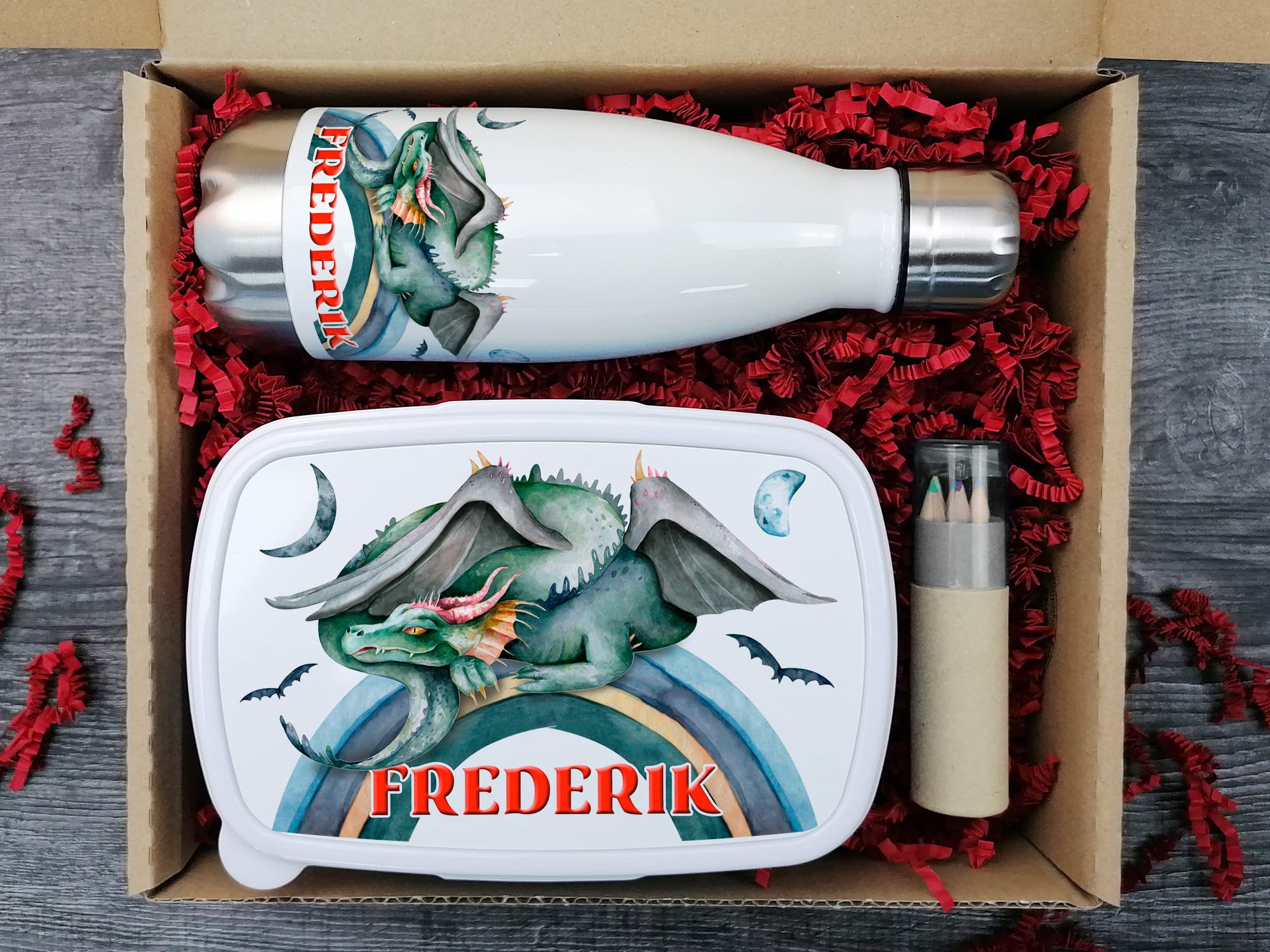 GRAZDesign Drachen Brotdose und Trinkflasche Set für Jungen personalisiert mit Namen aus Edelstahl 350ml | Geschenk zur Einschulung