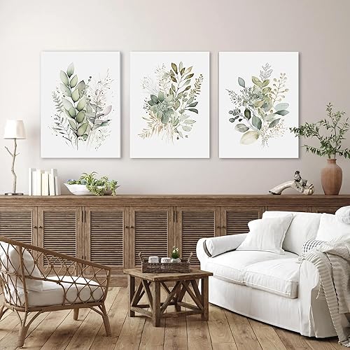 Miniatura 5 de WRFON Juego de 3 arte botánico de acuarela para pared, diseño bohemio de flores silvestres verde salvia, arte de pared moderno floral para