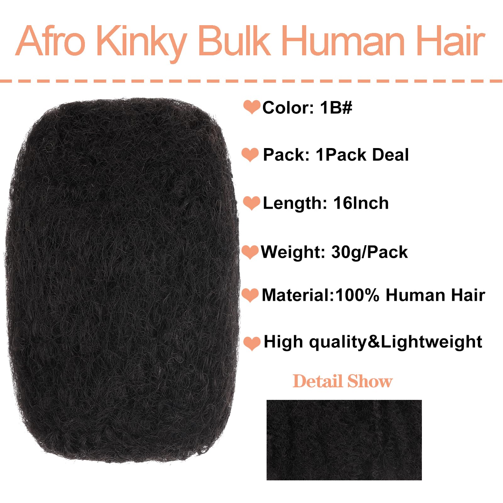 Mscat 16 Inch 1 Bundle Black Afro Kinkys Bulk Human Hair For Dreadlocks 1B#, 16 Inch (Pack of 1) - Image 2