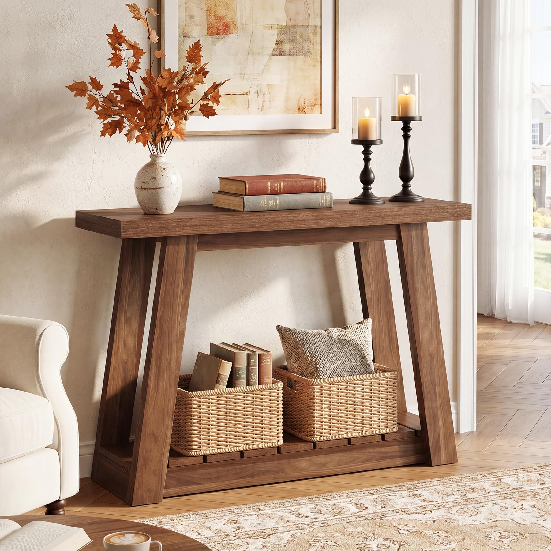 Tribesigns Mesa consola de 105 cm, estrecha mesa de pasillo con 2 estantes, mesa consola rústica de madera, mesa de entrada para pasillo, salón, entrada, mesa de sofá, color marrón