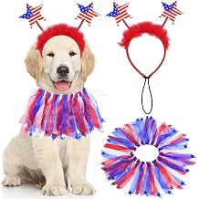 GOYOSWA 2 PCS Dog 4th of July Outfit, 4th of July Dog Clothes American Flag Star Dog Headband, Dog Collar with Red White and Blue Ribbons for Small Medium Large Dogs Star Headband & Collar