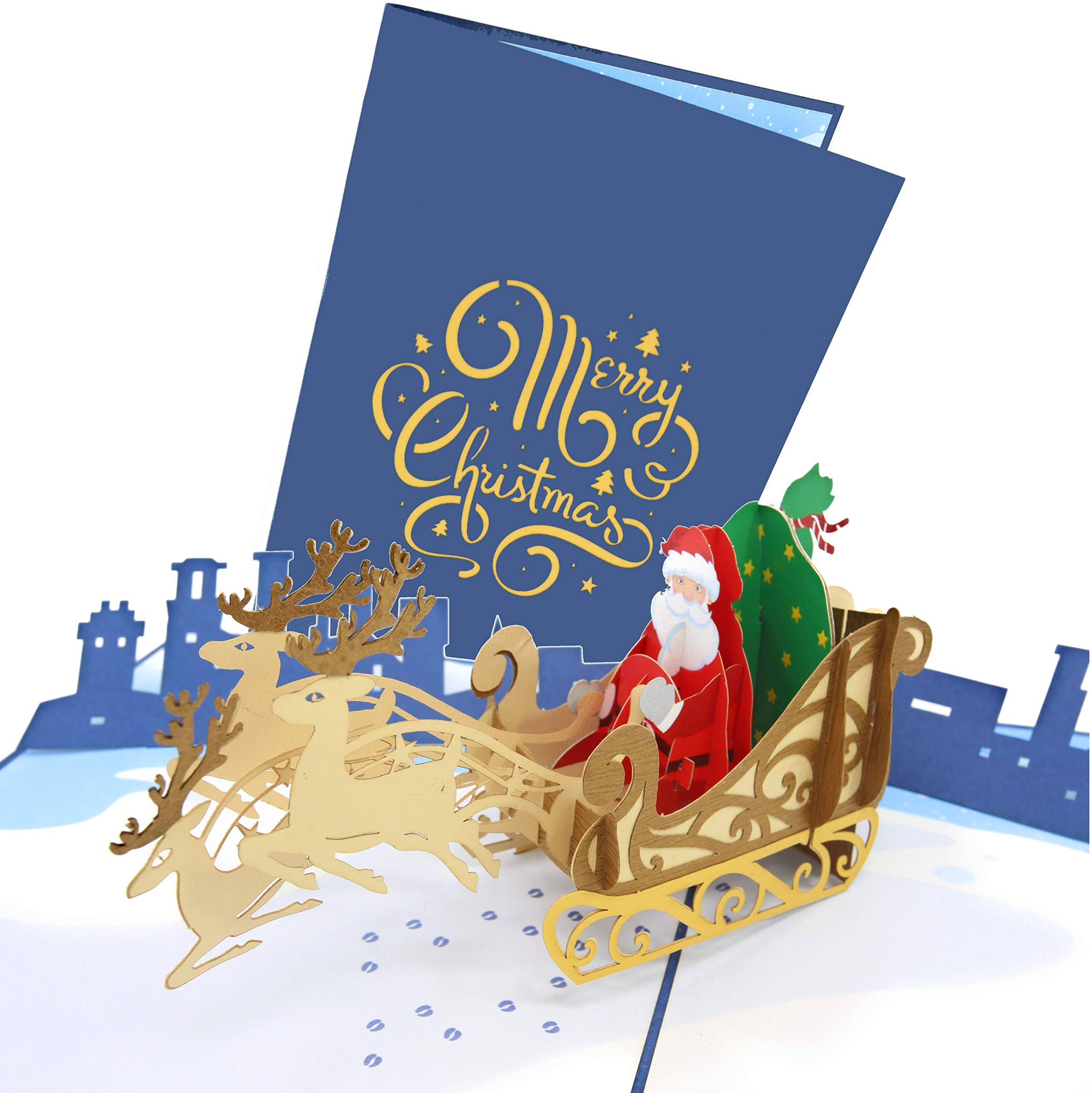 PopLife Santa's Sleigh and Reindeer Pop Up Christmas Card, Handmade 3D Holiday Greeting, Blank Merry Christmas Note, Small Stocking Present for Friends and Family, Naughty or Nice