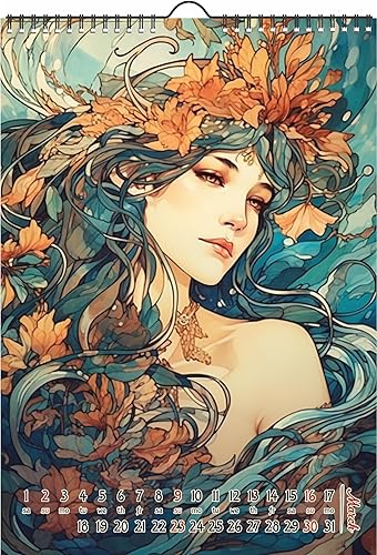 Miniatura 3 de Calendario de pared 2024 12 páginas de 8 x 12 pulgadas Hermosas mujeres con vestidos azules rodeados de flores increíbles, póster de ilustración de