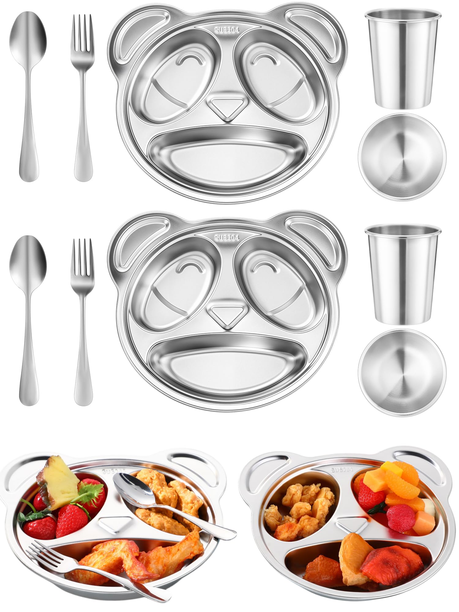 Juego de 10 utensilios de acero inoxidable para niños Jinei. Incluye 2 platos con forma de panda, 2 tazones, 2 tazas, 2 cucharas y 2 tenedores. Vajilla de acero inoxidable para niños pequeños. Cubiertos.