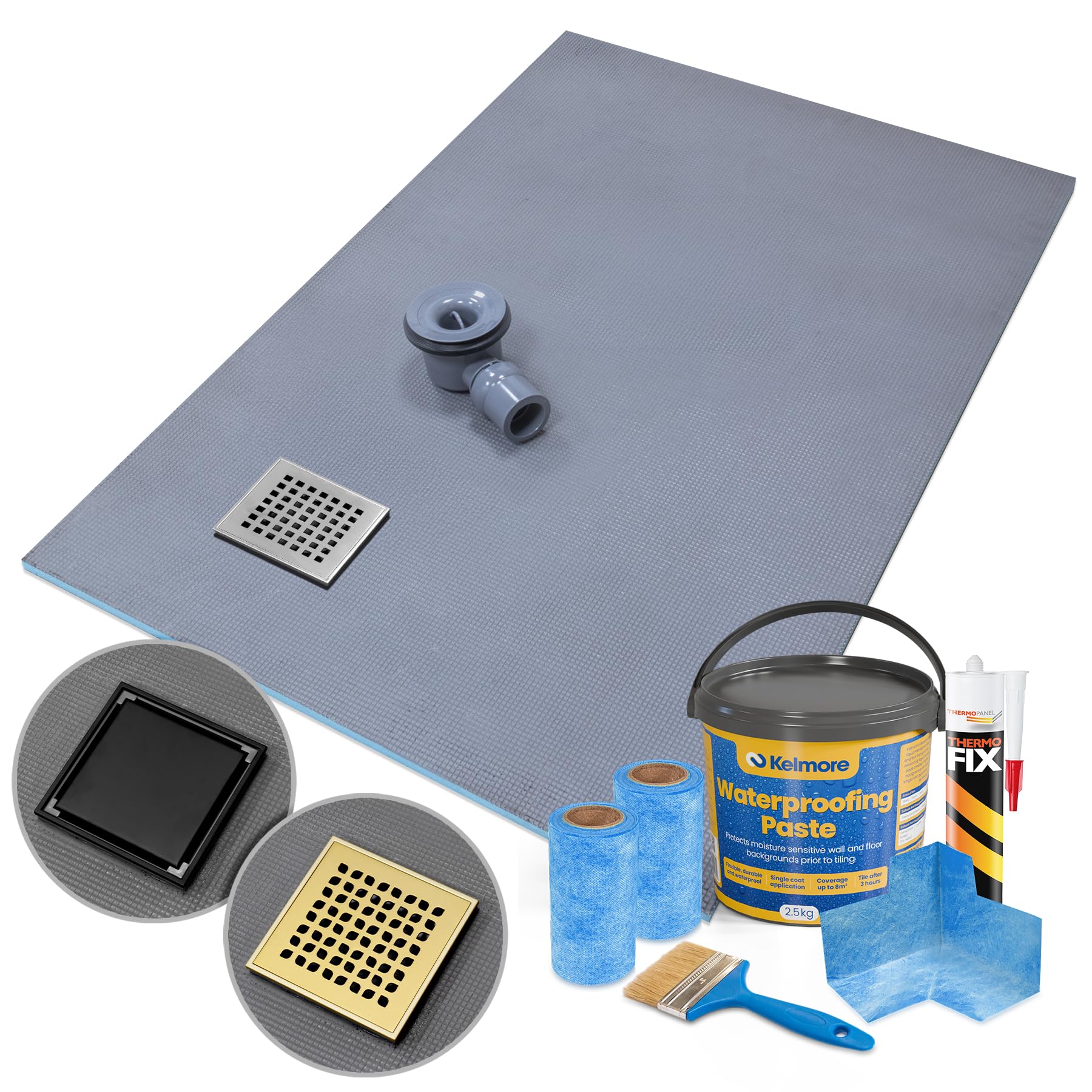 Thermopanel Corner Square Drain Wet Room Shower Tray Former, 900 x 900 x 20mm - Tile Grate - Steel — image 1