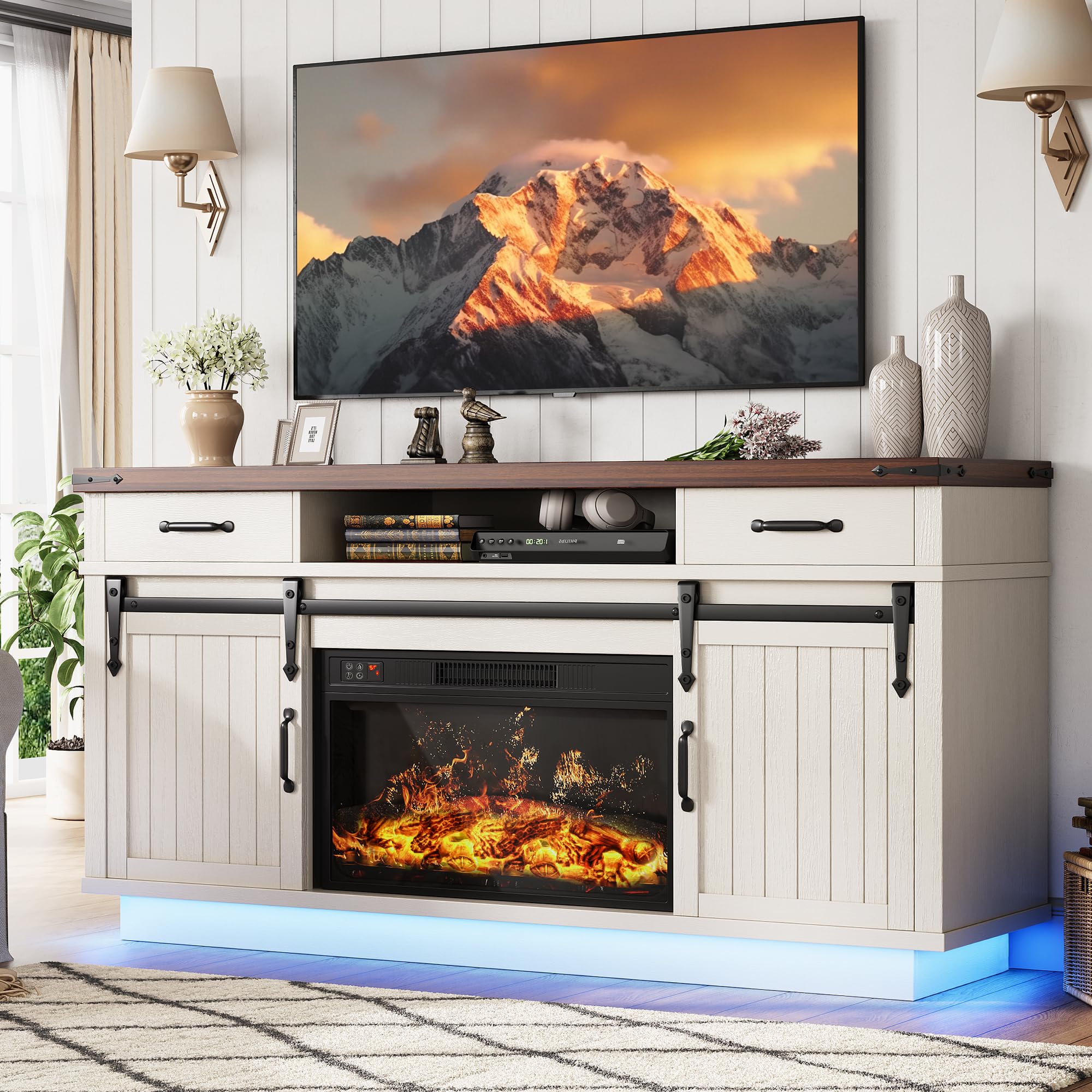 59'' Fireplace TV Stand with 3D Flame Electric Fireplace Heater, 34'' Tall Farmhouse TV Stand for 65 Inch TV, Entertainment Center TV Console with 2 Drawers, Sliding Barn Door for Living Room - White