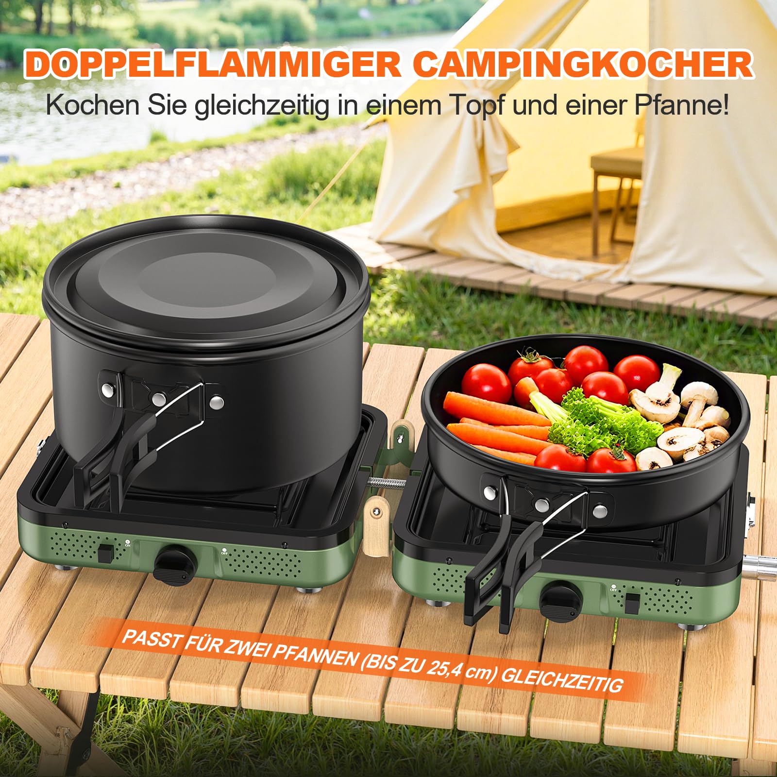 2-Flammig Campingkocher Gas Faltbar, Camping Gaskocher Herd mit Zünder & Tragetasche für Outdoor-Kochen, Campingplatz, Gartenparty, Grillabend, Picknick, Festival-Camping, Vanlife (ohne Grillplatte)