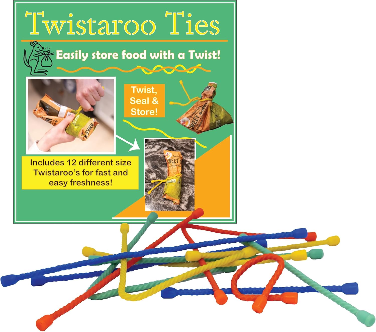 Twistaroo Ties – 12-Pack Reusable Colorful Twist Ties for Food Storage - Heavy-Duty, Flexible Bag Closures for Chips, Frozen Foods, Snacks, Rice, Candy & More