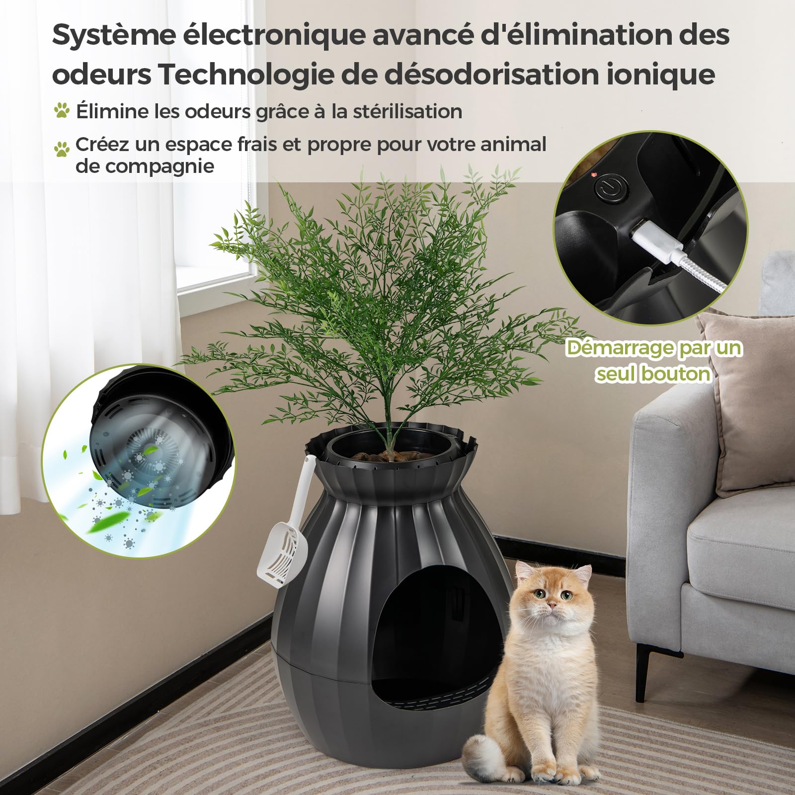 COSTWAY Bac Litiere pour Chat XXL avec Désodorisation Ionique, Grande Caisse Chat Litiere 63L avec Plante Artificielle Verte, Galets, Rideau, Pelle à Litière, Maison de Toilette pour Chaton (Noir)