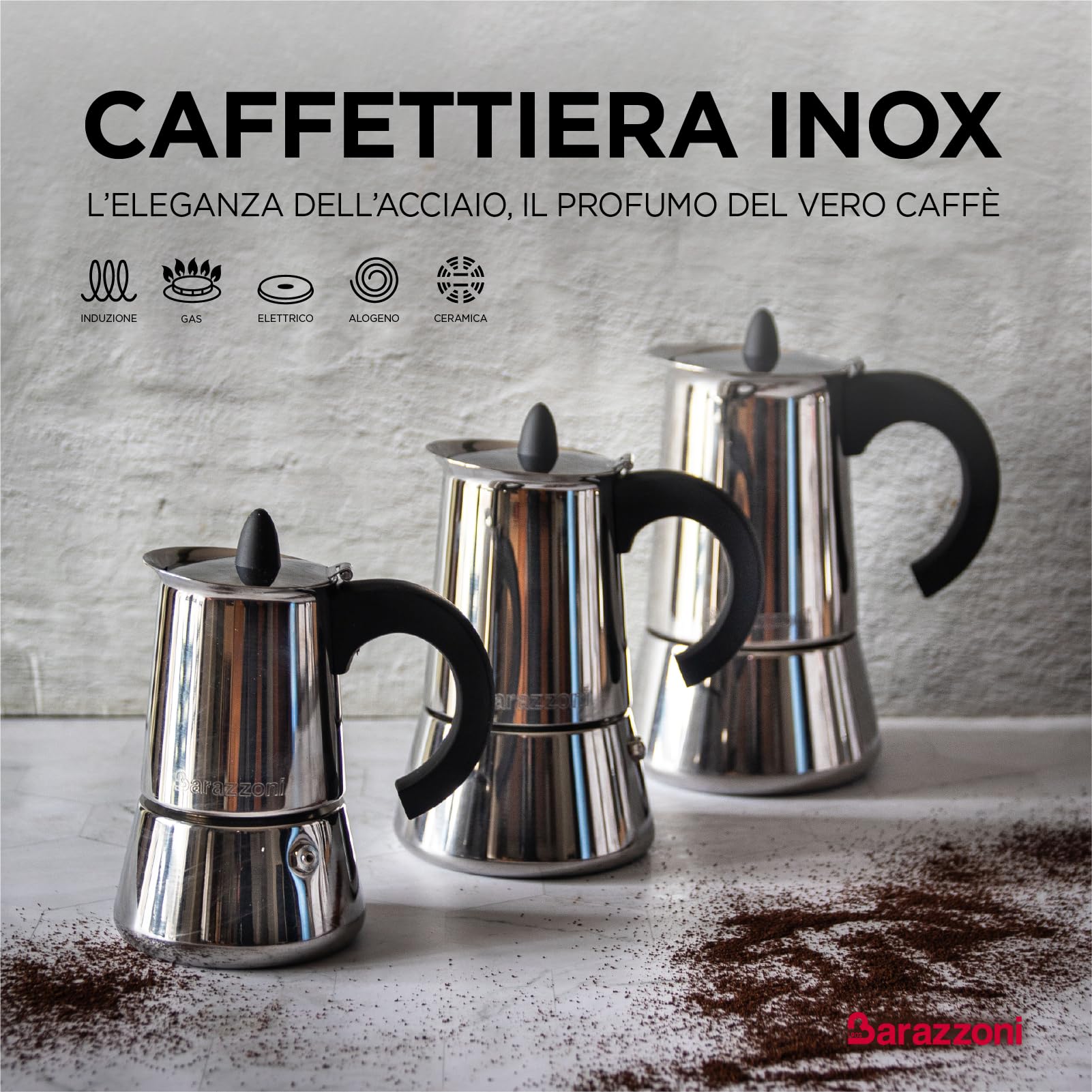 Barazzoni La Caffettiera Inox 4 Tazze. Prodotto certificato dall'Accademia Italiana Maestri del Caffè. Adatta all'induzione