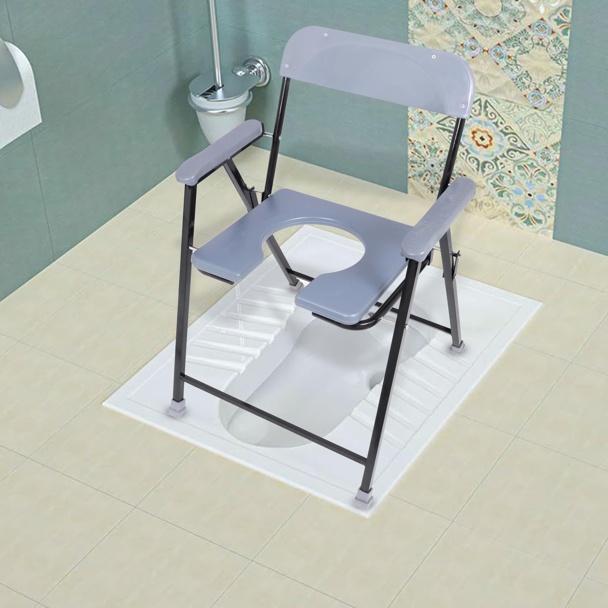 NEOSAFE Mild Steel Folding Shower Chair, Toilet Chair, Commode Chair, for Indian Toilet for Elderly Disabled Manand Pregnant Women with Anti-Slip Rubber Bush(Grey)(100Kg Weight Capacity)