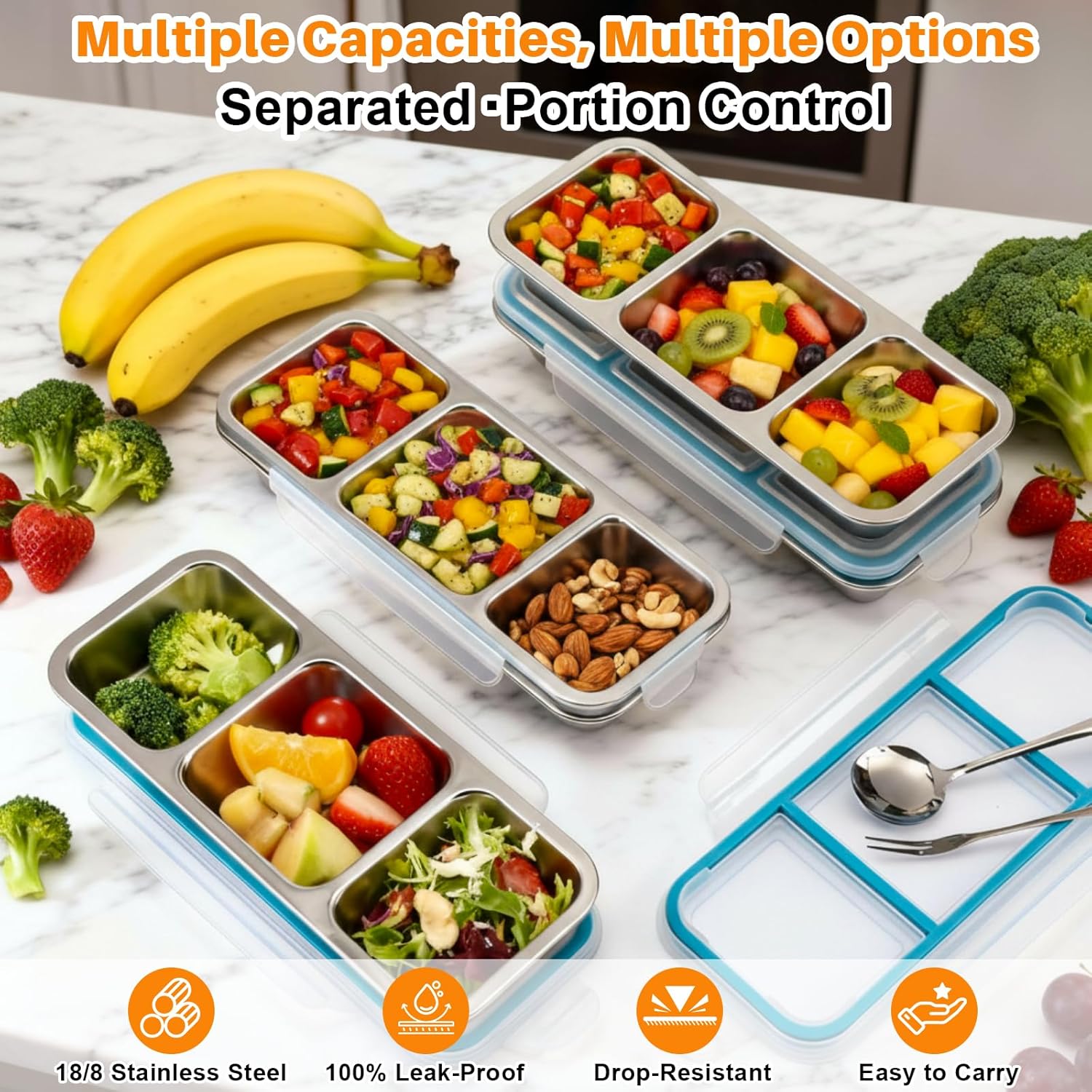 LemonRoad 4 Pack Stainless Steel Snack Containers with Lids Reusable Metal Divided Bento Lunch Boxes with Forks and Spoons Food Storage Containers for Work Travel(Blue,3 Compartment) - Image 4