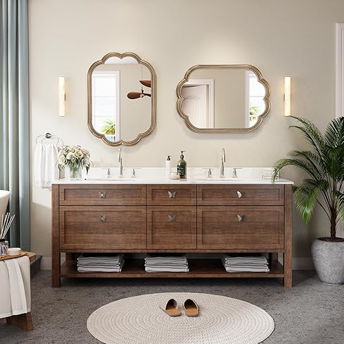 Miniatura 6 de Espejo dorado festoneado, espejo de cuentas doradas de 23 x 35 pulgadas, espejo ovalado de madera de latón antiguo para sobre fregadero, baño,