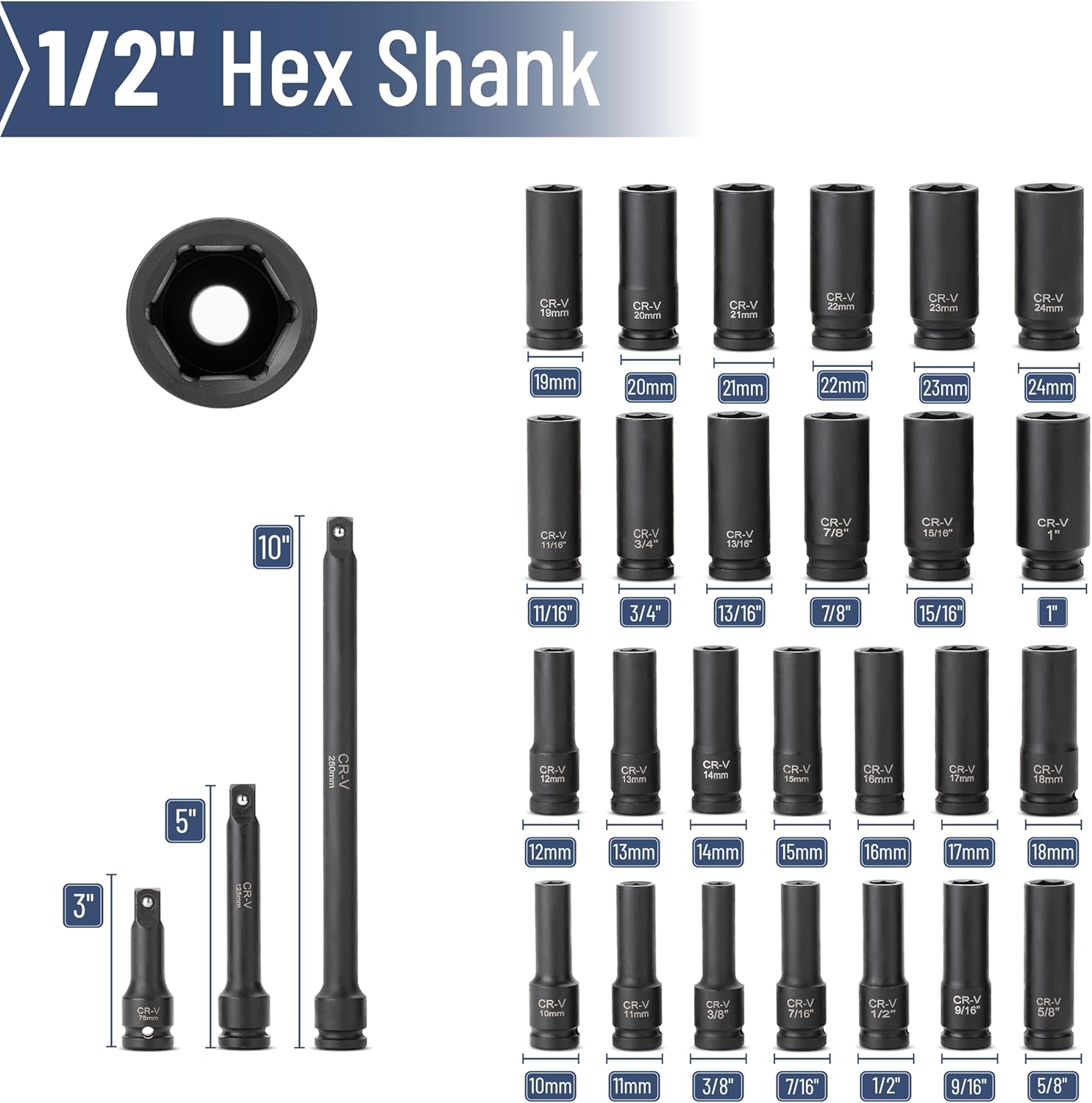 Bates- Deep Impact Socket Set, 29 pcs, 3" 5" 10" Impact Extension Bar, SAE & Metric