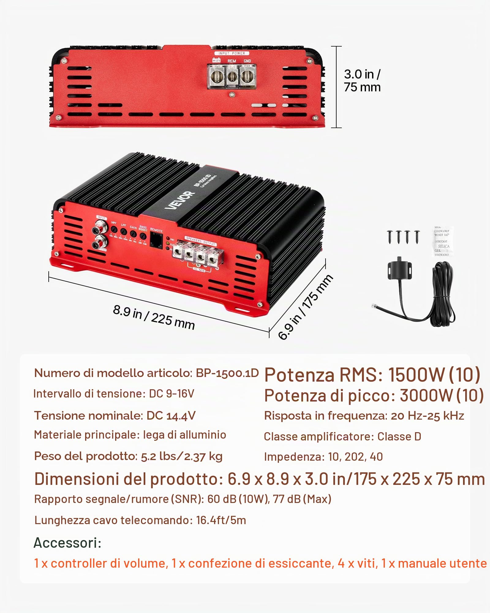 VEVOR Amplificatore Monoblocco per Auto Classe D con Controllo Remoto del Livello del Subwoofer 1500 W, Filtro Passa-Basso, Potenziamento dei Bassi, Spostamento di Fase, Controllo del Volume