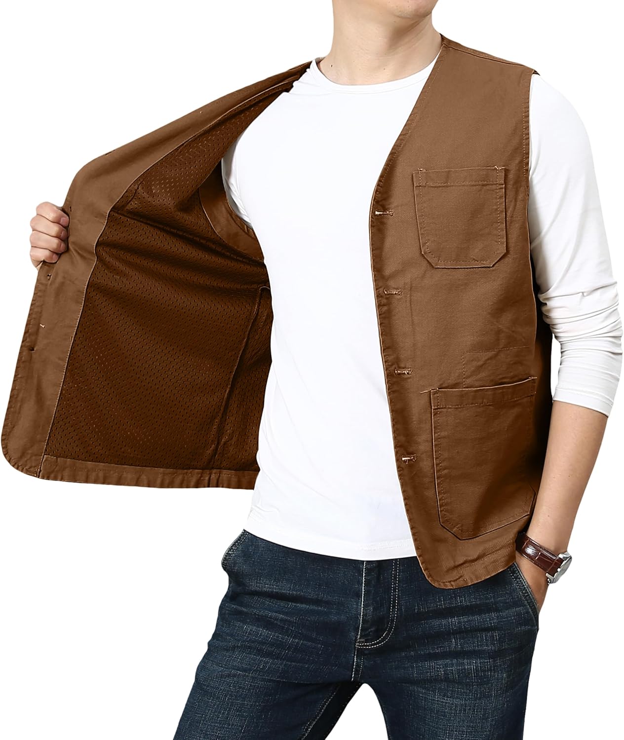 PRIJOUHE Men's Casual Outdoor Cotton Vest Lightweight Breathable Multi-Pocket Fishing Safari Travel Vests Outwear