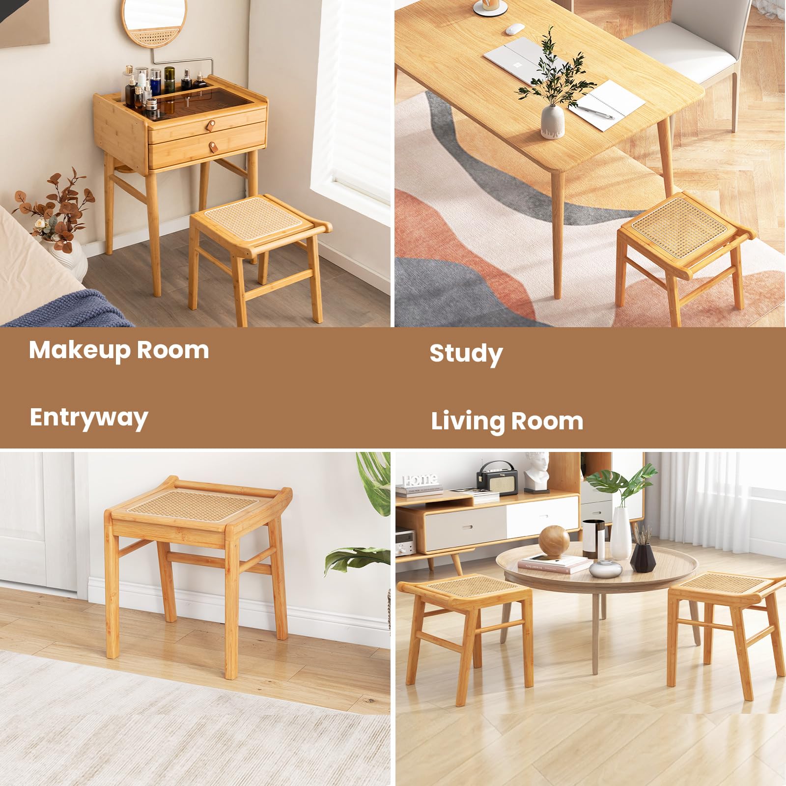 HOMASIS Taburete tocador de Maquillaje de bambú, Banqueta con Asiento de bambú y ratán con Capacidad de Carga de hasta 120 kg, Silla cosmética pequeña para tocador, salón, Dormitorio, 38x40x43cm