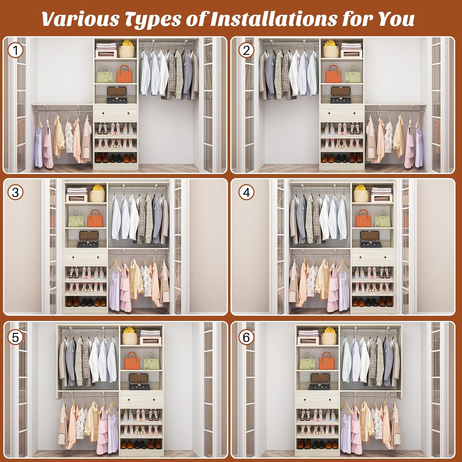 Closet System with Drawer - Reversible 5FT Wood Closet Organizer System with 2 Hanging Rods and Adjustable Shelf, Walk In Closet Organizers with Shoe Rack, Built-In Garment Rack, White Oak