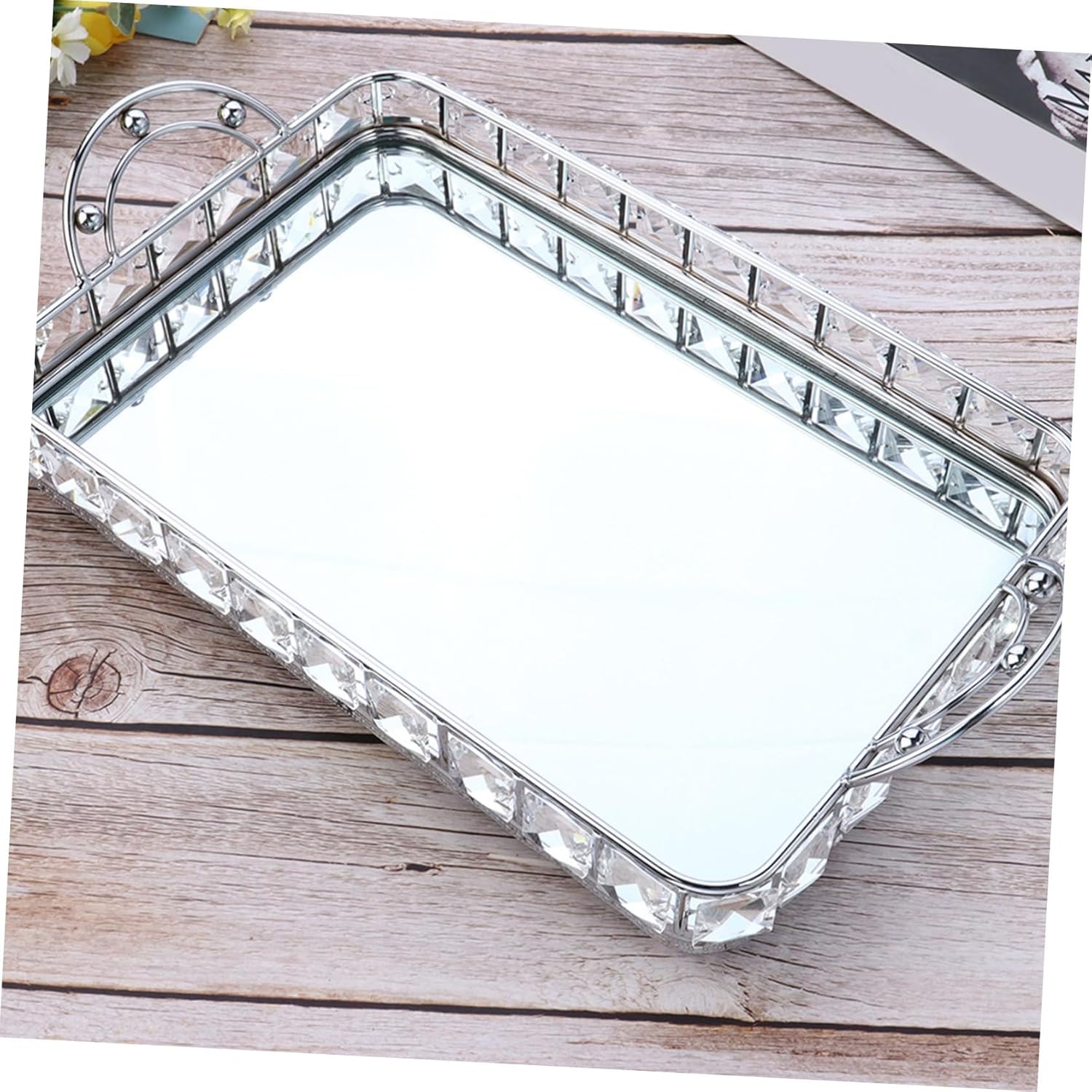 1Pc Silver Crystal Jewelry Tray for Cosmetics Accessories Storage Elegant Diamond Dresser Organizer for Makeup Rings Necklaces and More for Bedroom Bathroom