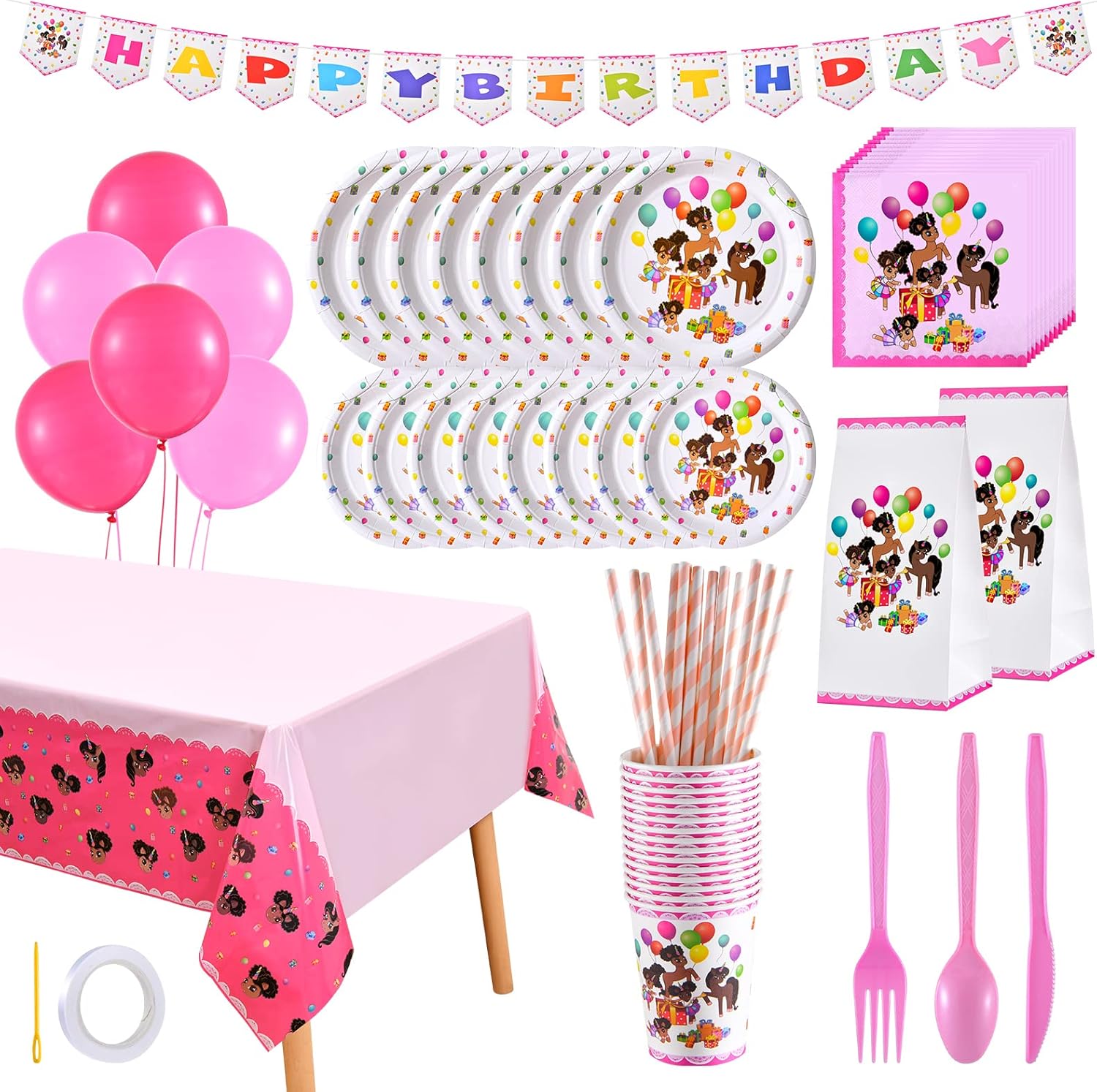 It's a Party Afro Puff Unicorn Birthday Party Box for 15 guests (150 pieces) - White Plates