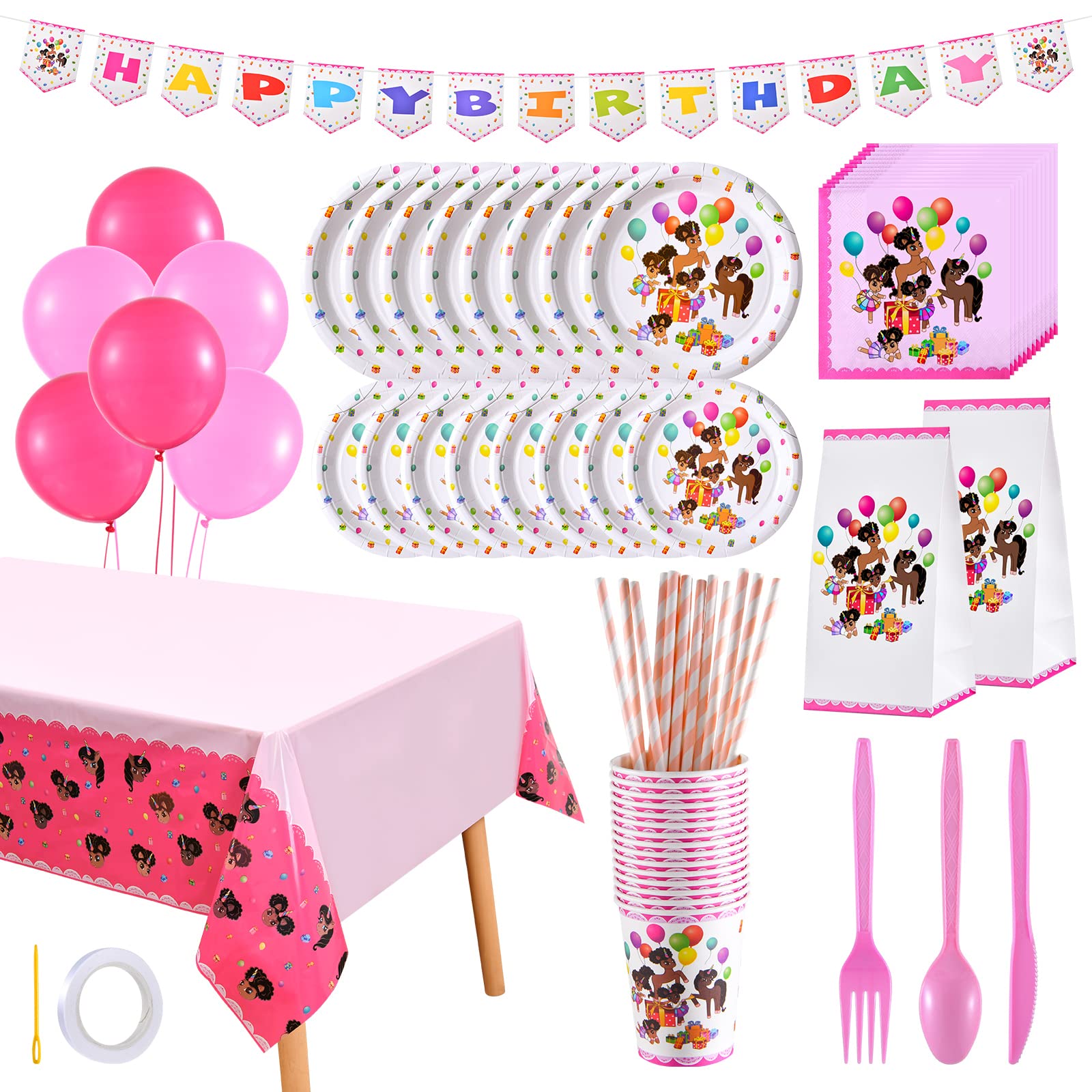 It's a Party Afro Puff Unicorn Birthday Party Box for 15 guests (150 pieces) - White Plates