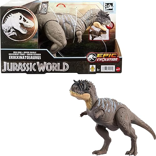 Jurassic World Wild Roar Ekrixinatosaurus - Figura de dinosaurio con sonido de rugido continuo y acción de ataque, juguete físico posable y juego