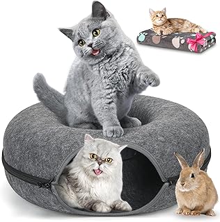 HOMAGICO Cat Tunnel Bed,Peekaboo Cat Cave with Pet Blanket,Detachable Donut Tunnels for Indoor Cats,Cat Tunnel Toy,Felt Round Cat Bed Suitable for Small to Large Cats(24in,Dark Grey,Cat up to 22 lbs)