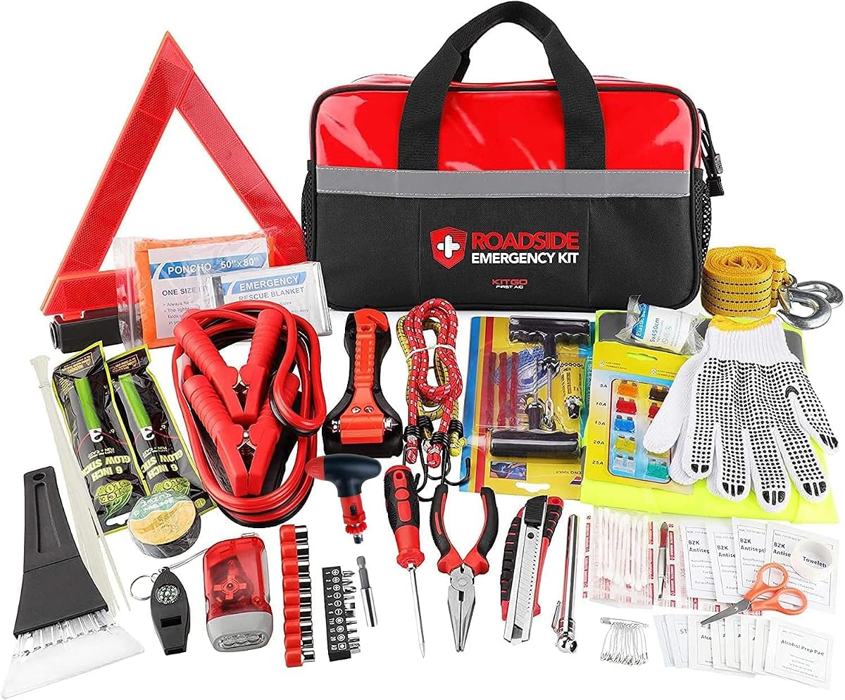 Kitgo Car Emergency Kit,Premium Roadside Assistance Essentials with Jumper Cables, Flashlight, Shovel, Screwdriver Set - Ideal Auto Road Safety Kit, Survival, Truck, RV and More Gift for Father (Red)