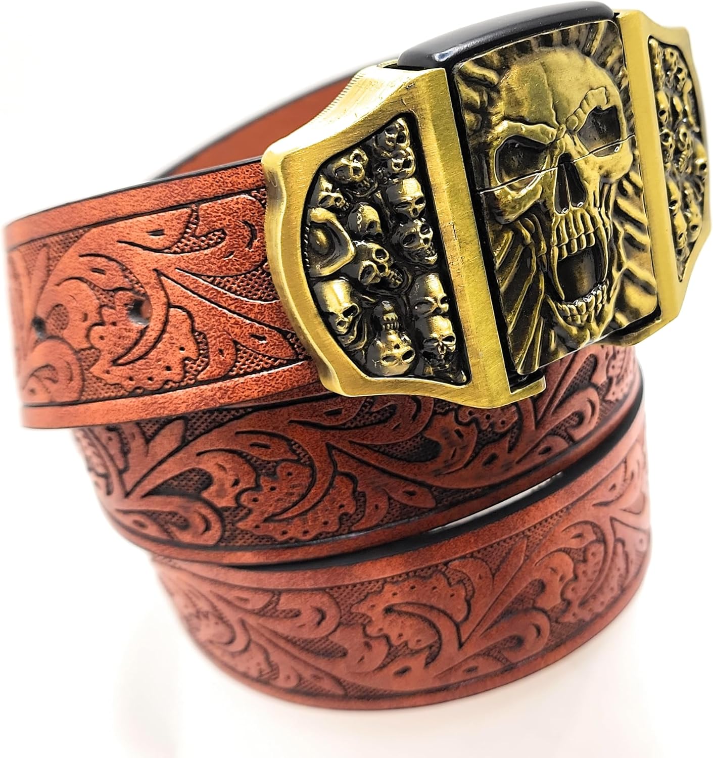 Skull Fangs Lighter Buckle with Mahogany Embossed Belt | Gothic Biker Rock Belt Set with Refillable Metal Flip-Top Lighter | Heavy 3D Skull Design for Men & Women