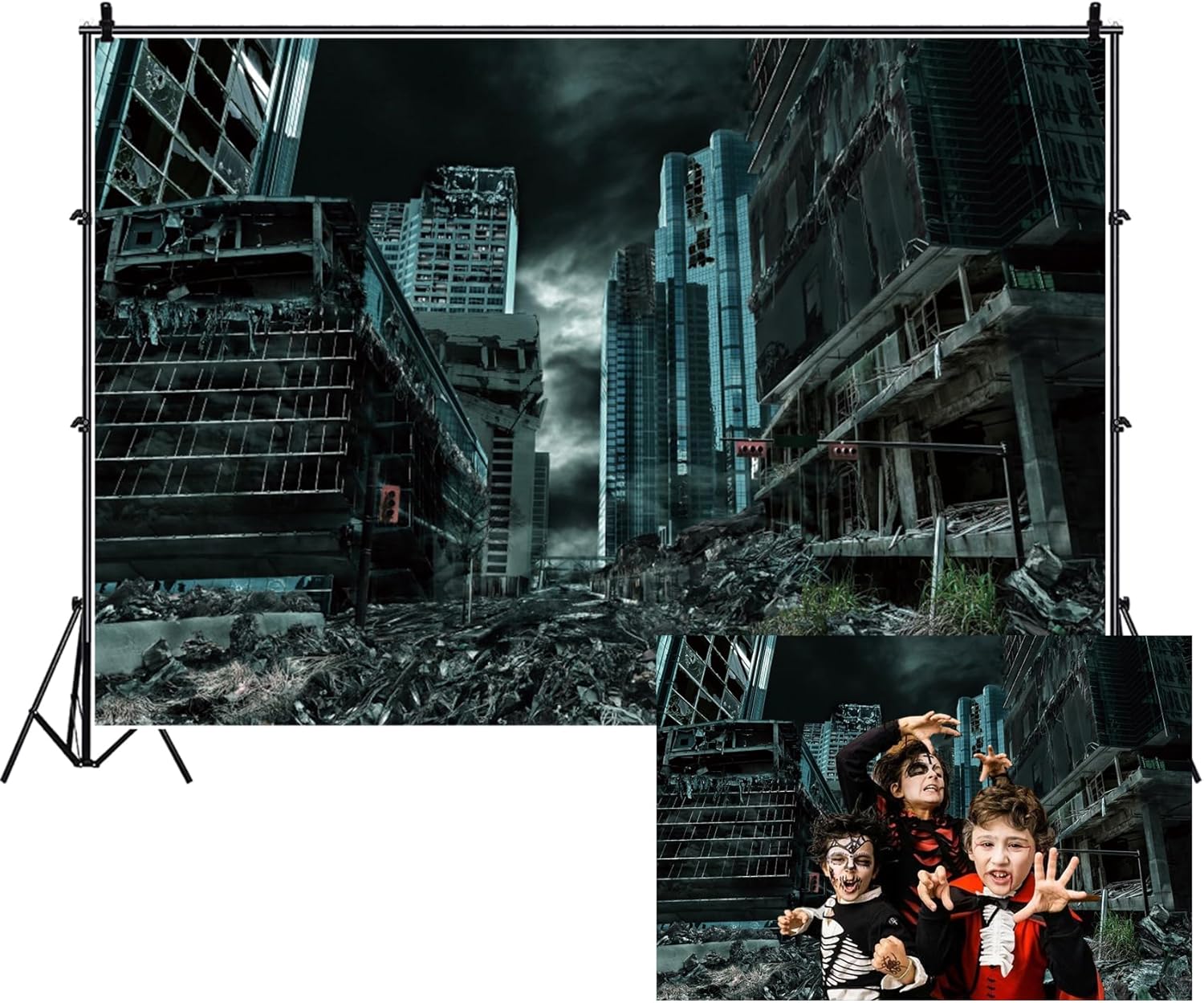 Renaiss 10x8ft Destroyed City Backdrop The End World Collapsed Buildings City Ruins Disaster Scene Theme Photography Background for Horrible Movie Film Video Studio Photo Studio Props