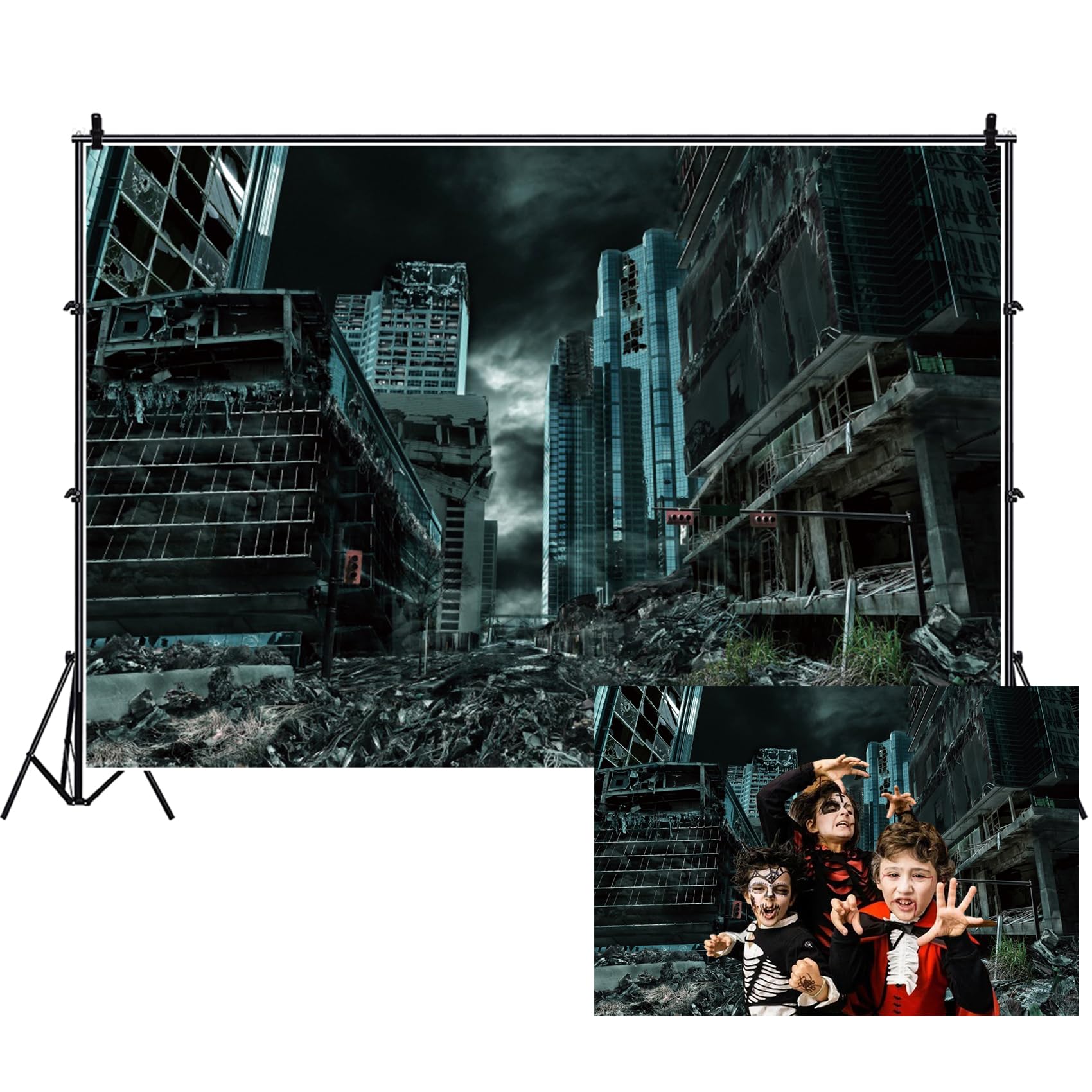 Renaiss 7x5ft Destroyed City Backdrop The End World Collapsed Buildings City Ruins Disaster Scene Theme Photography Background for Horrible Movie Film