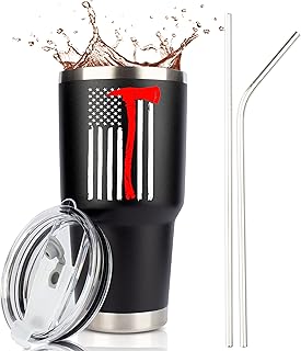 JENVIO Firefighter Gifts for Men | Stainless Steel Travel Tumbler/Mug with Two Lids and Gift Box | Thin Red Line Flag Design for Fireman Gift | Christmas Department | First Responder