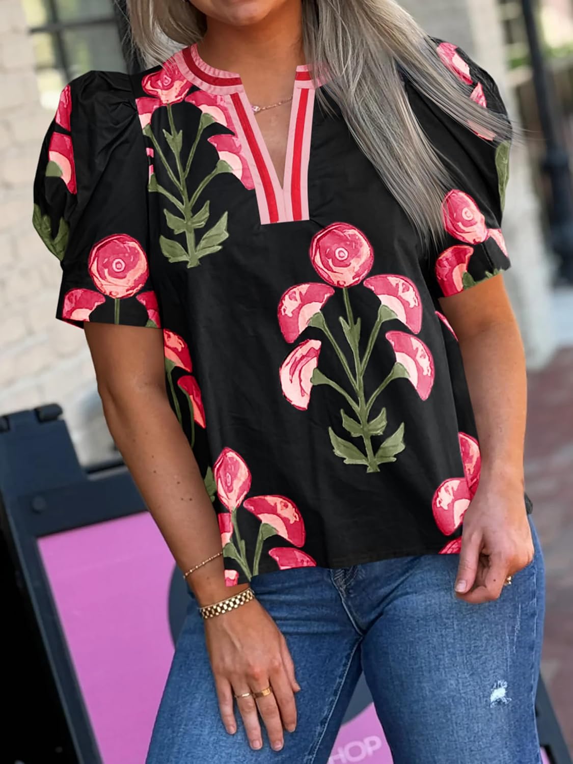 Cicy Bell Womens Summer Puff Sleeve Blouses Casual Dressy V Neck Color Block Tops Loose Fit Boho Floral Printed Tee Shirts - Image 3